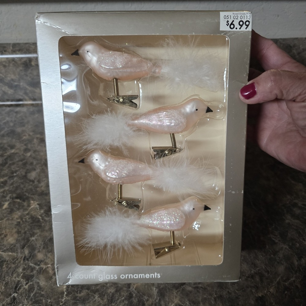 Glass Clip-on Birds Feathered Tails - Christmas tree‎ clips  4pcs
